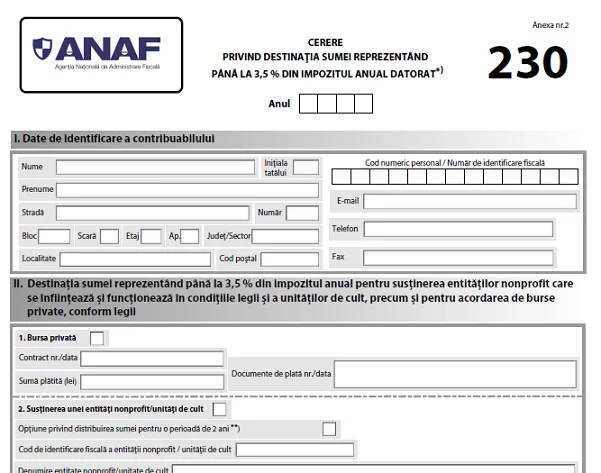 Precizări privind Formularul 230 “Cerere privind destinația sumei reprezentând până la 3,5% din impozitul anual datorat” pentru anul 2024